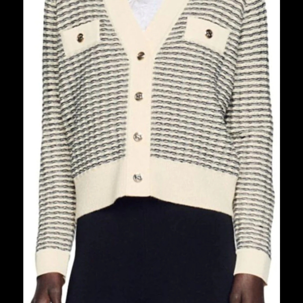 Sandro Women's Striped Black and Cream Cardigan - Picture 2 of 4